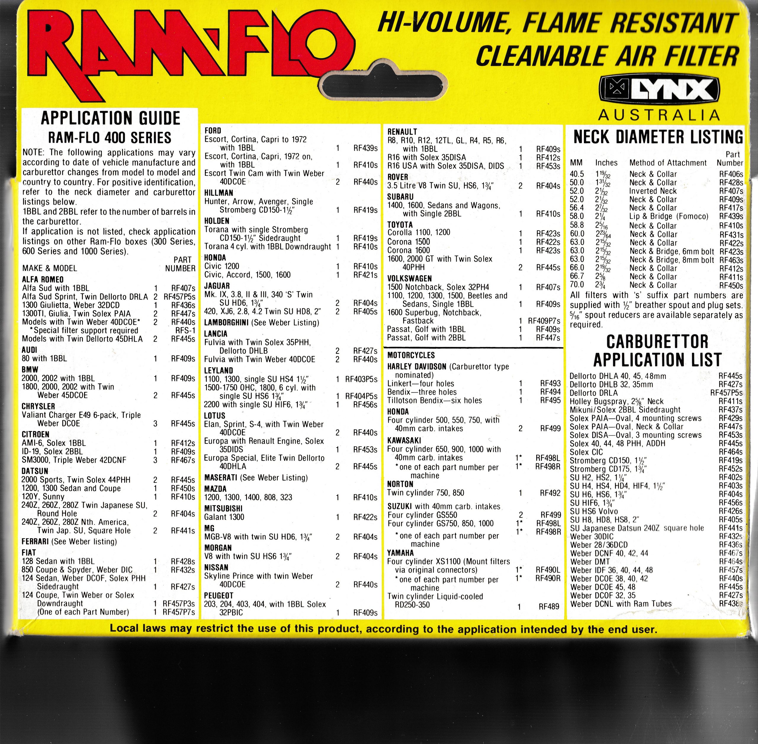 RF452S Lynx Ramflo Air filter for CD 150 Stromberg Eurocarb